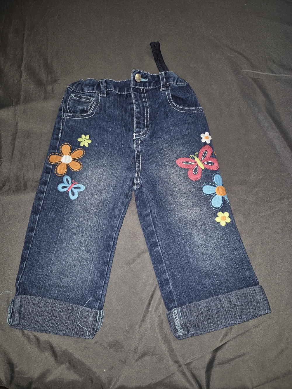 OshKosh B'gosh Dark Blue Jeans with Colorful Floral & Butterfly Embroidery